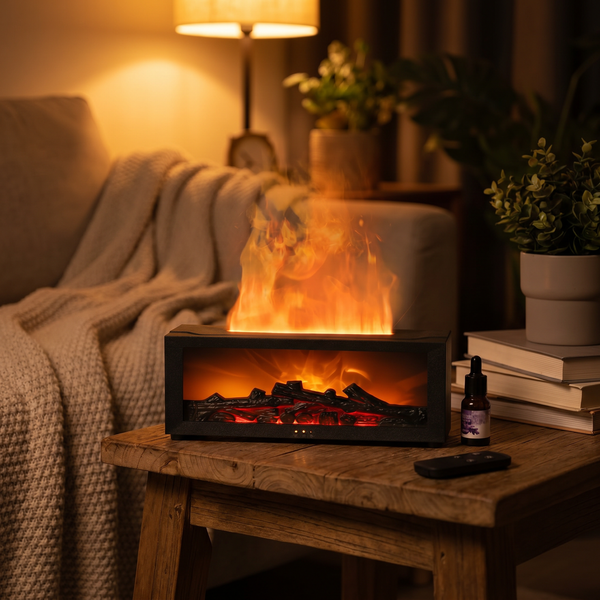 Lunaria Diffuseur Aroma Flamme Télécommande - diffuseur aromathérapie LED en situation dans une chambre - ambiance spa