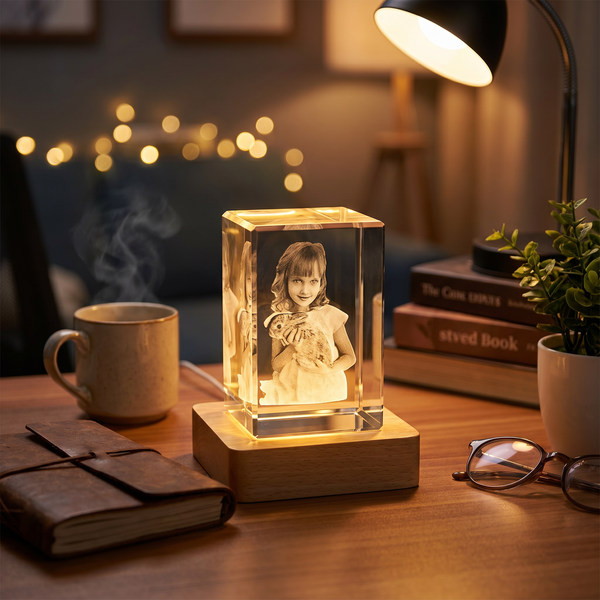 Lunaria Cube Cristal Photo Personnalisable Gravé - ambiance lumineux dans une chambre