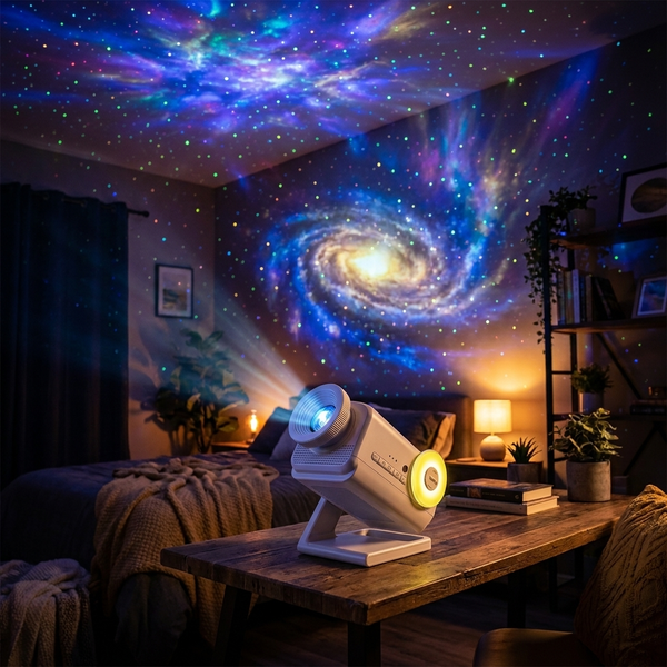 Lunaria Projecteur Galaxie 3D Bluetooth 60 Thèmes - projecteur galaxie en situation dans une chambre - ambiance cosmique