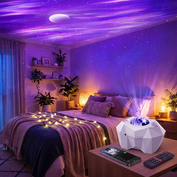 Lunaria Projecteur Galaxie Bluetooth Haut-Parleur - projecteur galaxie en situation dans une chambre - ambiance cosmique