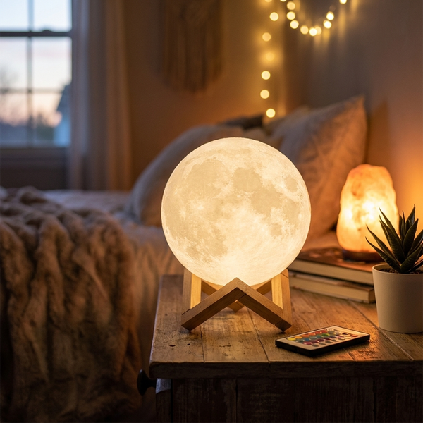 Lunaria Lampe Lune 3D Rechargeable 16 Couleurs Tactile - lampe lune LED en situation dans une chambre - ambiance clair de lune apaise