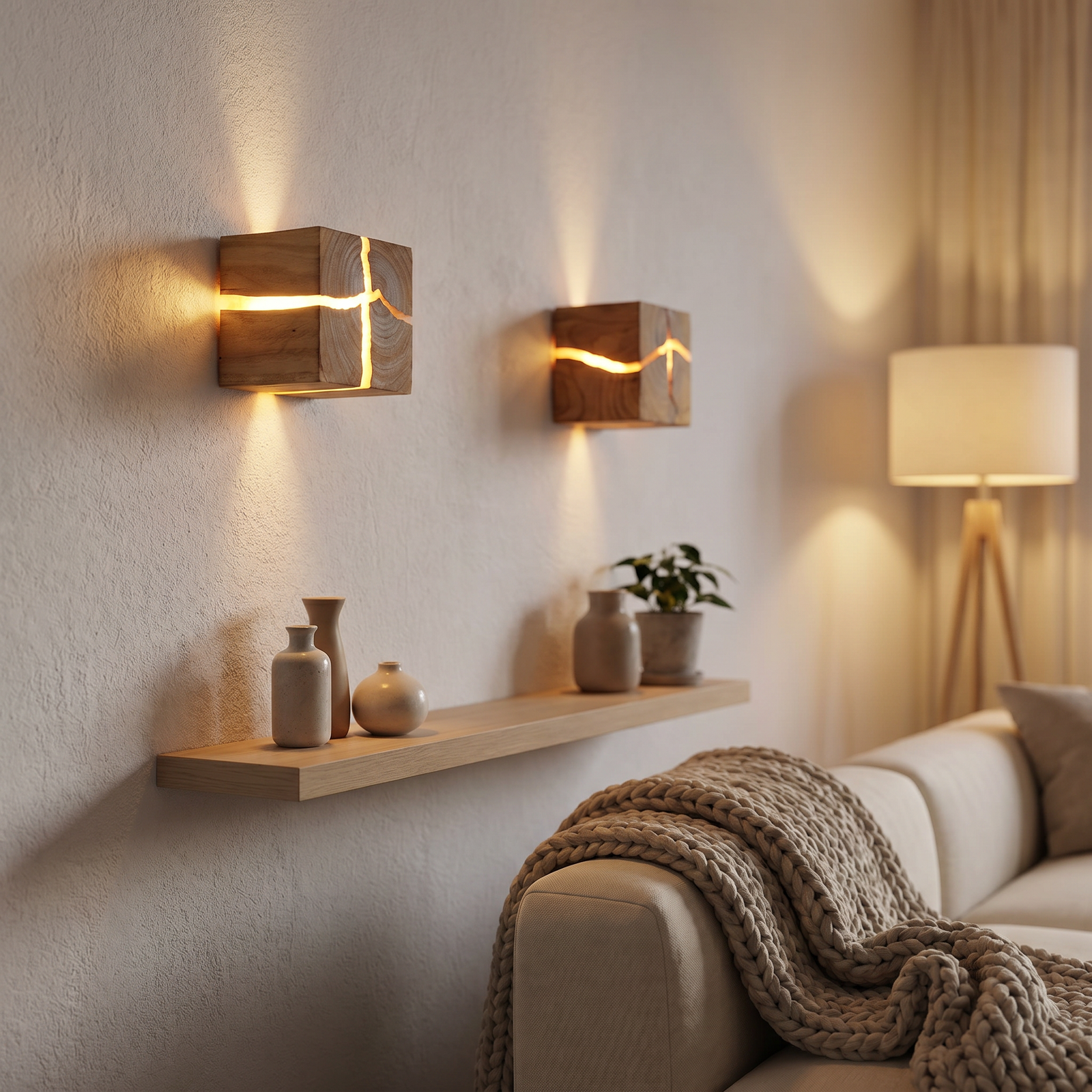 Lunaria Cube LED Bois Résine Murale - cube LED décoratif en situation dans une chambre - ambiance géométrique