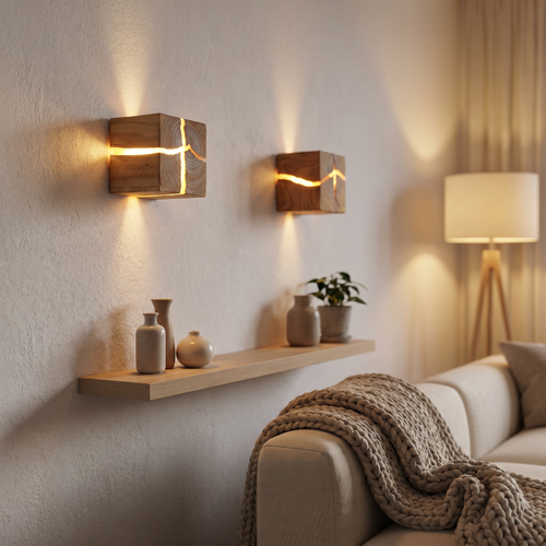 Lunaria Cube LED Bois Résine Murale - cube LED décoratif en situation dans une chambre - ambiance géométrique