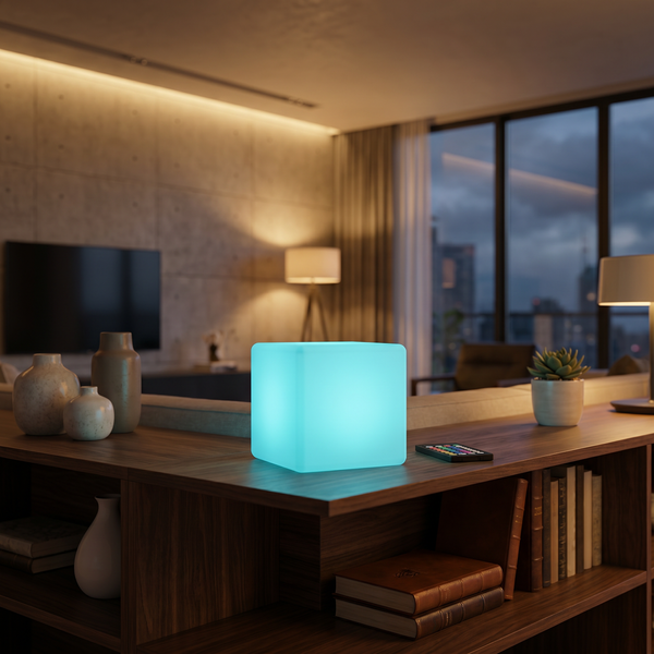 Lunaria Cube LED Géométrique Décoratif - cube LED décoratif en situation dans une chambre - ambiance géométrique