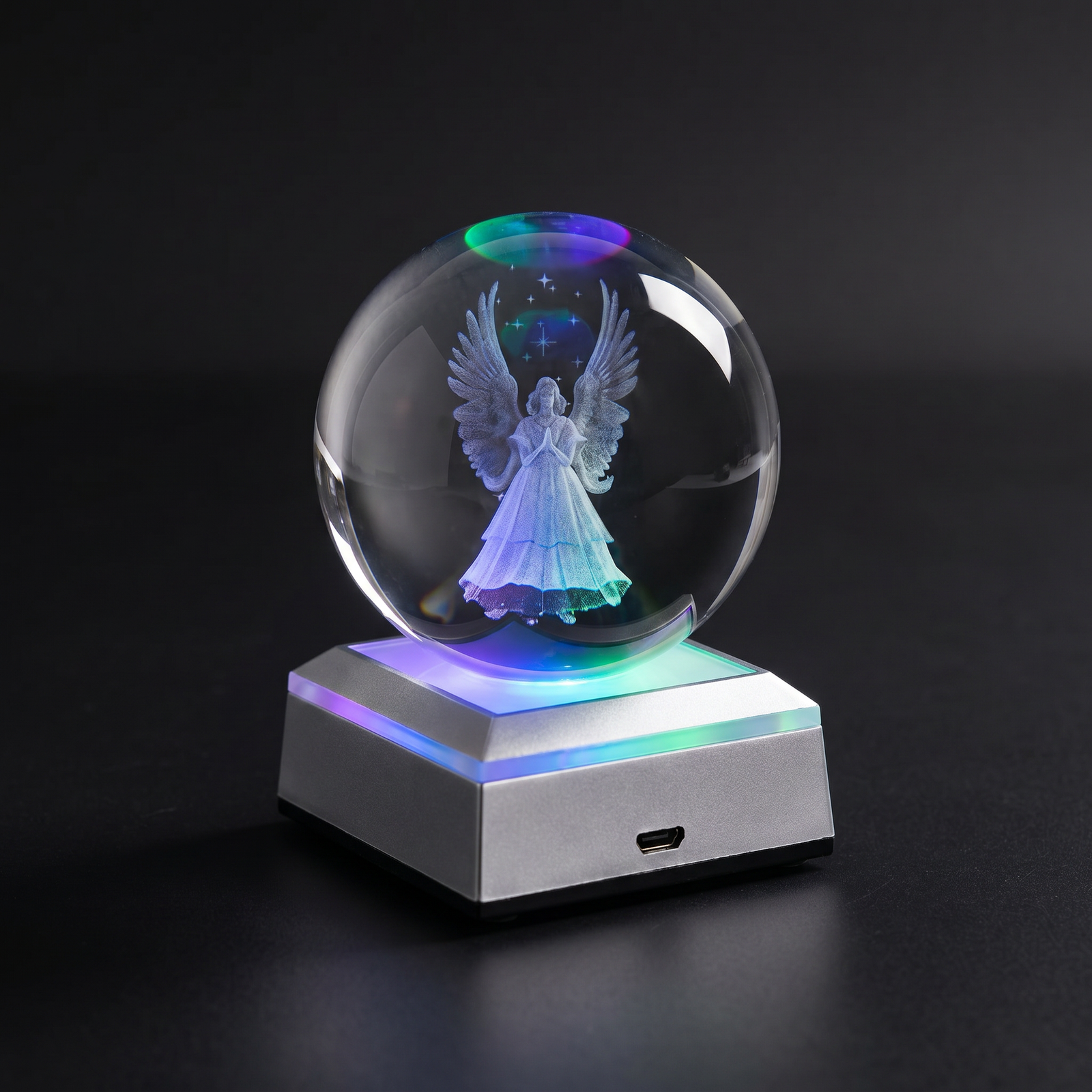 Lunaria Boule Cristal Ange Gravé Laser LED - boule cristal gravé 3D - gravure laser - décoration intérieur LED