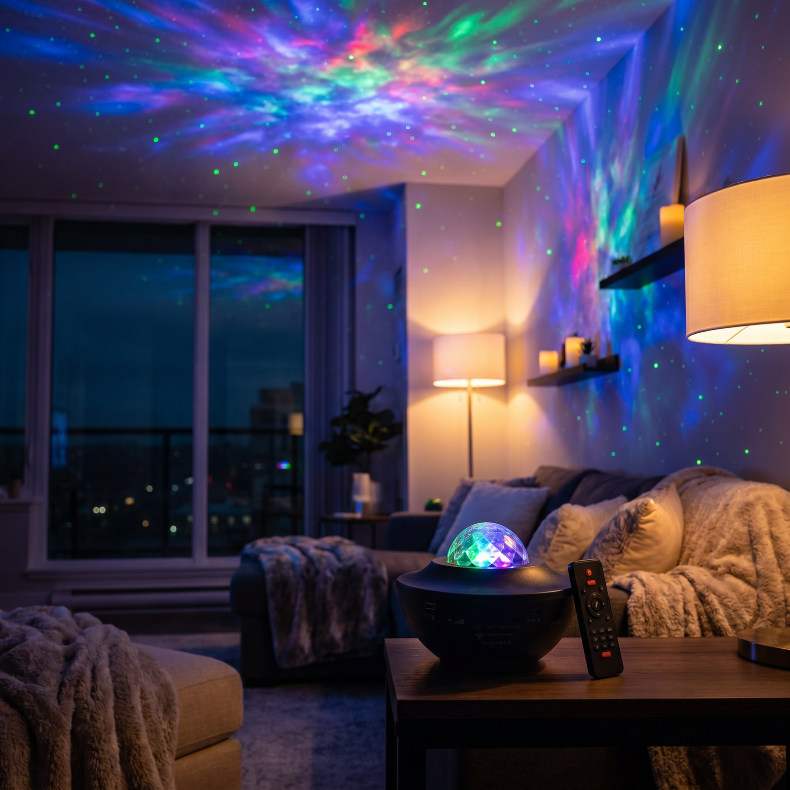 Lunaria Projecteur Galaxie LED Multicolore Bluetooth - projecteur galaxie en situation dans une chambre - ambiance cosmique