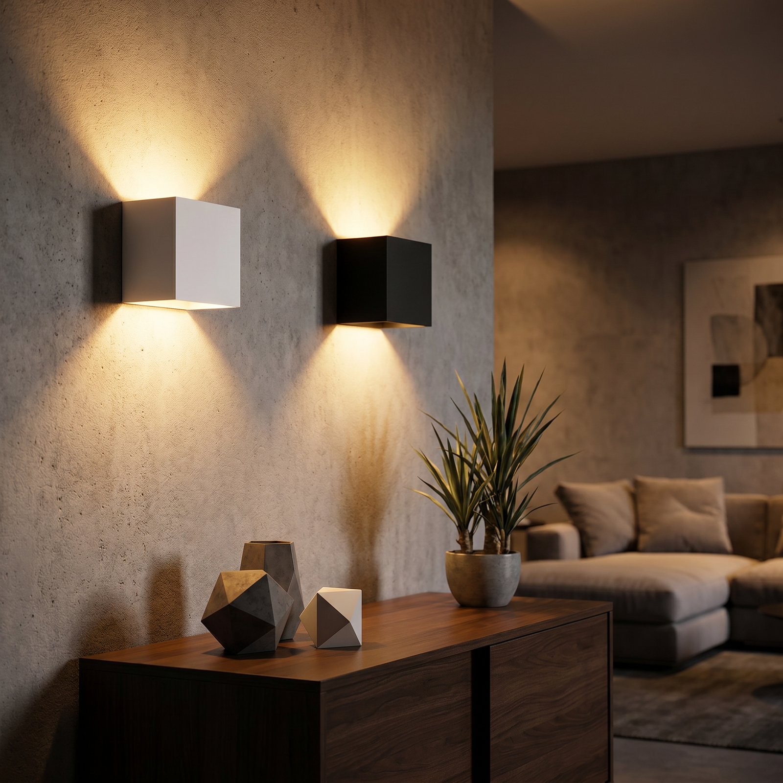 Lunaria Cube LED COB Murale Aluminium - cube LED décoratif en situation dans une chambre - ambiance géométrique