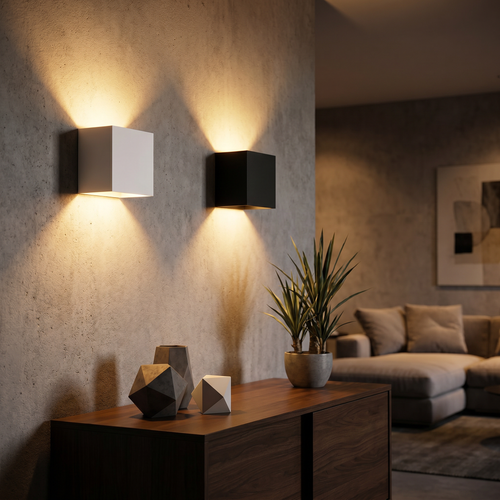 Lunaria Cube LED COB Murale Aluminium - cube LED décoratif en situation dans une chambre - ambiance géométrique