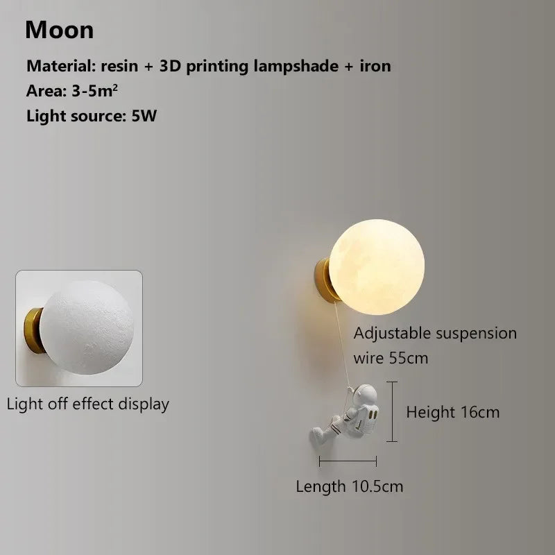 Lunaria Lampe Lune Murale Astronaute Chambre Enfant - lampe lune 3D en situation dans une chambre - ambiance lunaire