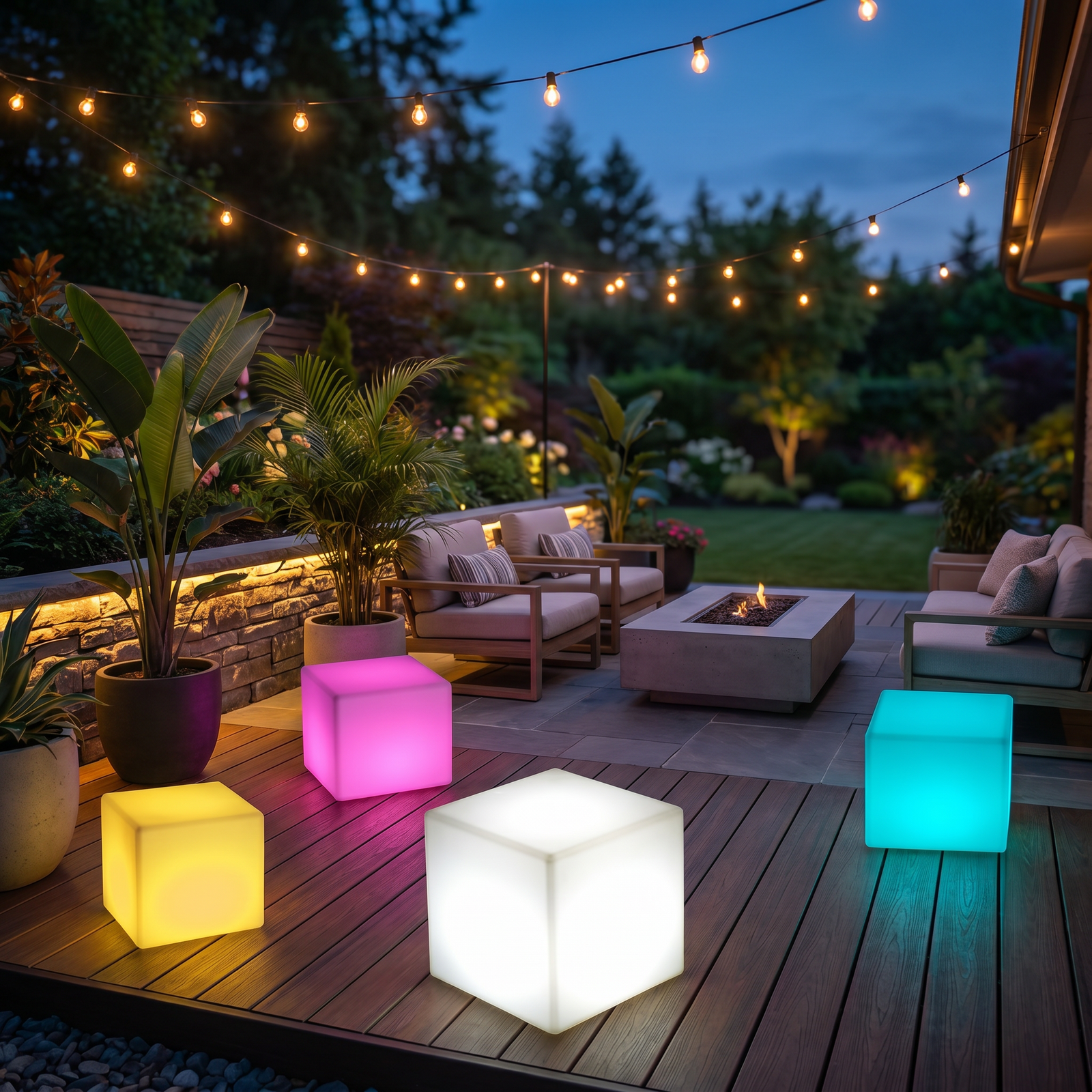 Lunaria Cube LED RGB Jardin Outdoor - cube LED décoratif en situation dans une chambre - ambiance géométrique