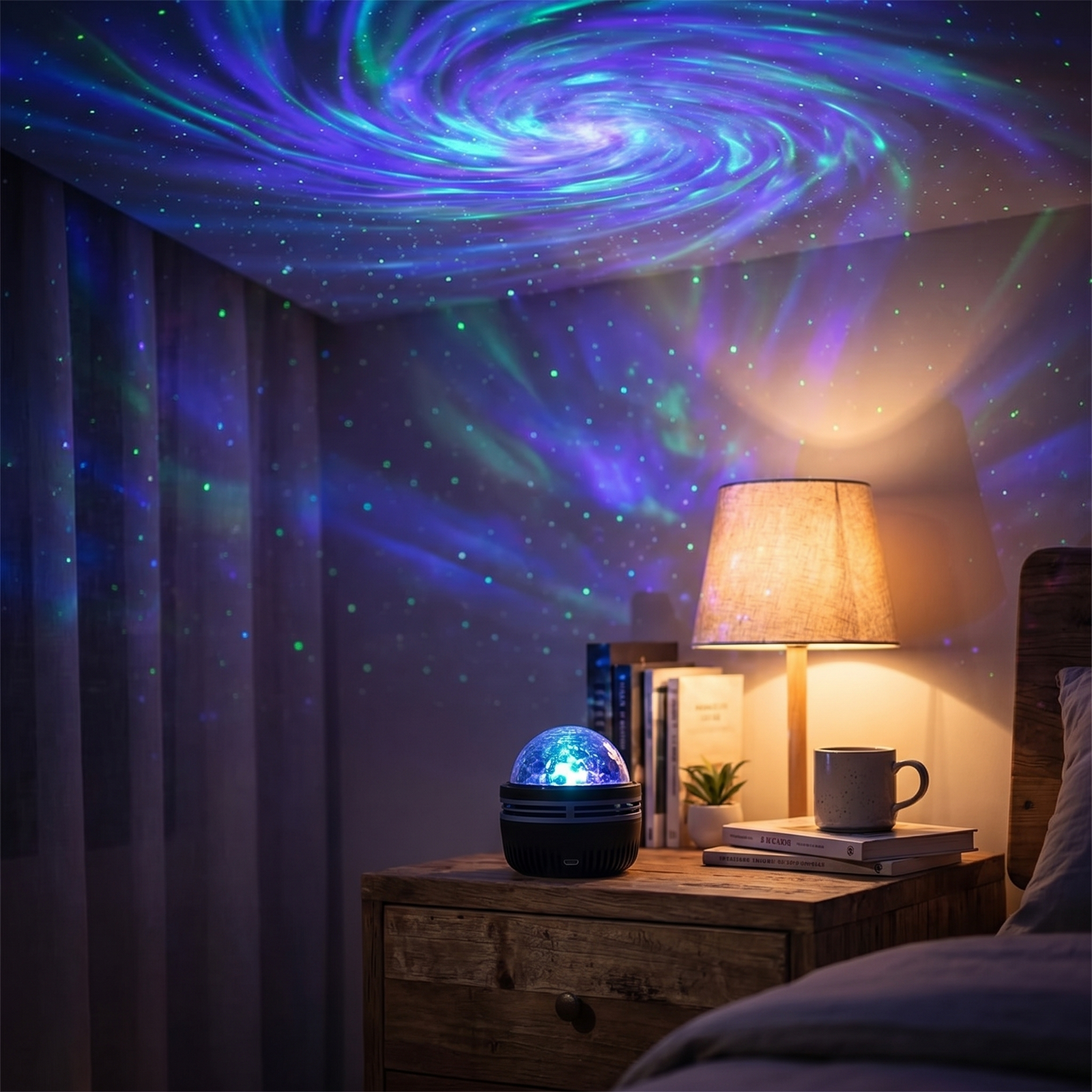 Lunaria Projecteur Galaxie LED Multicolore - projecteur galaxie en situation dans une chambre - ambiance cosmique