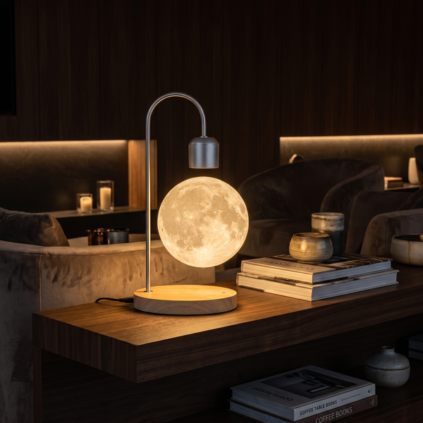 Lunaria Lampe Lune Lévitation Magnétique 360° - lampe lune 3D en situation dans une chambre - ambiance lunaire