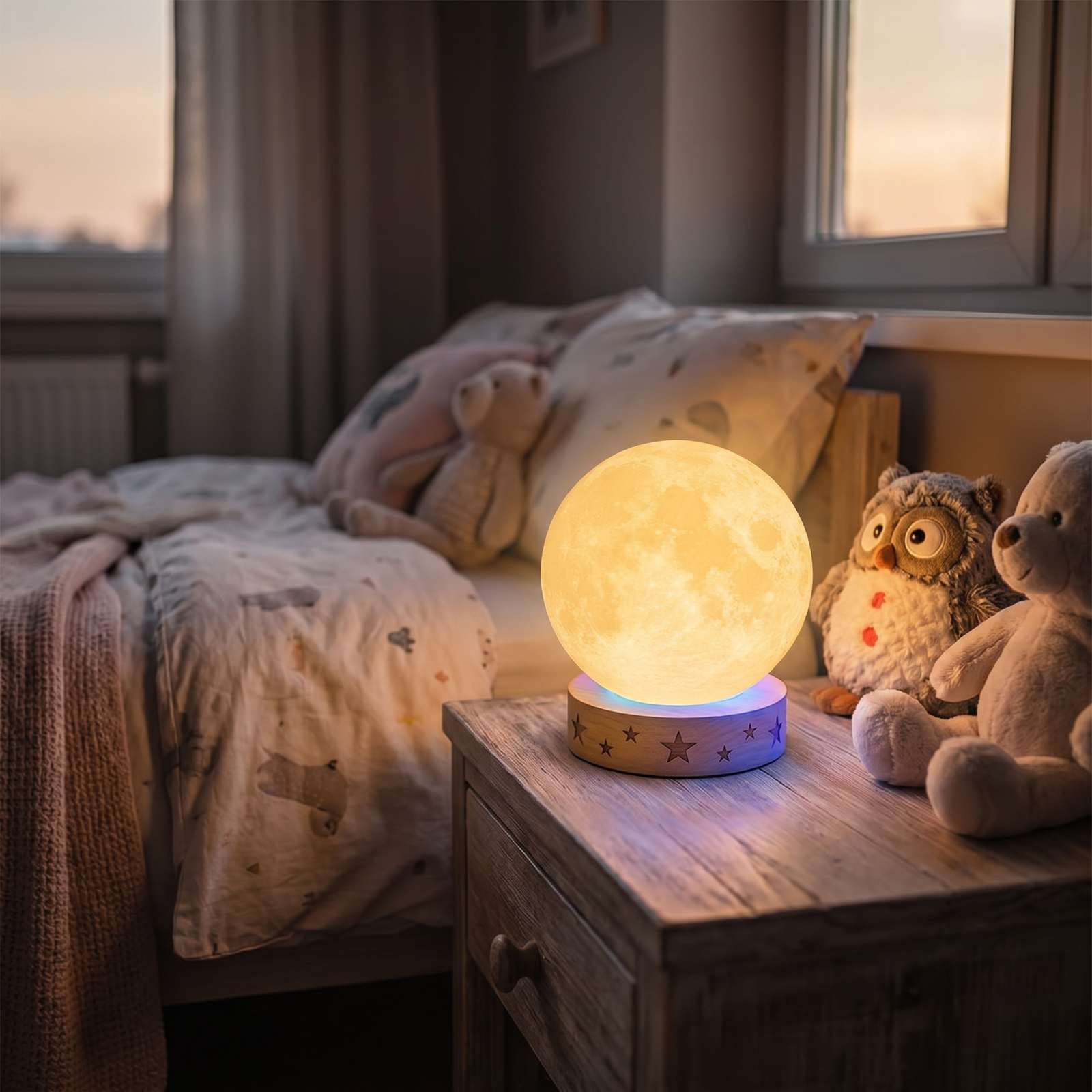 Lunaria Lampe Lune Tactile Pile Enfant Veilleuse - lampe lune 3D en situation dans une chambre - ambiance lunaire