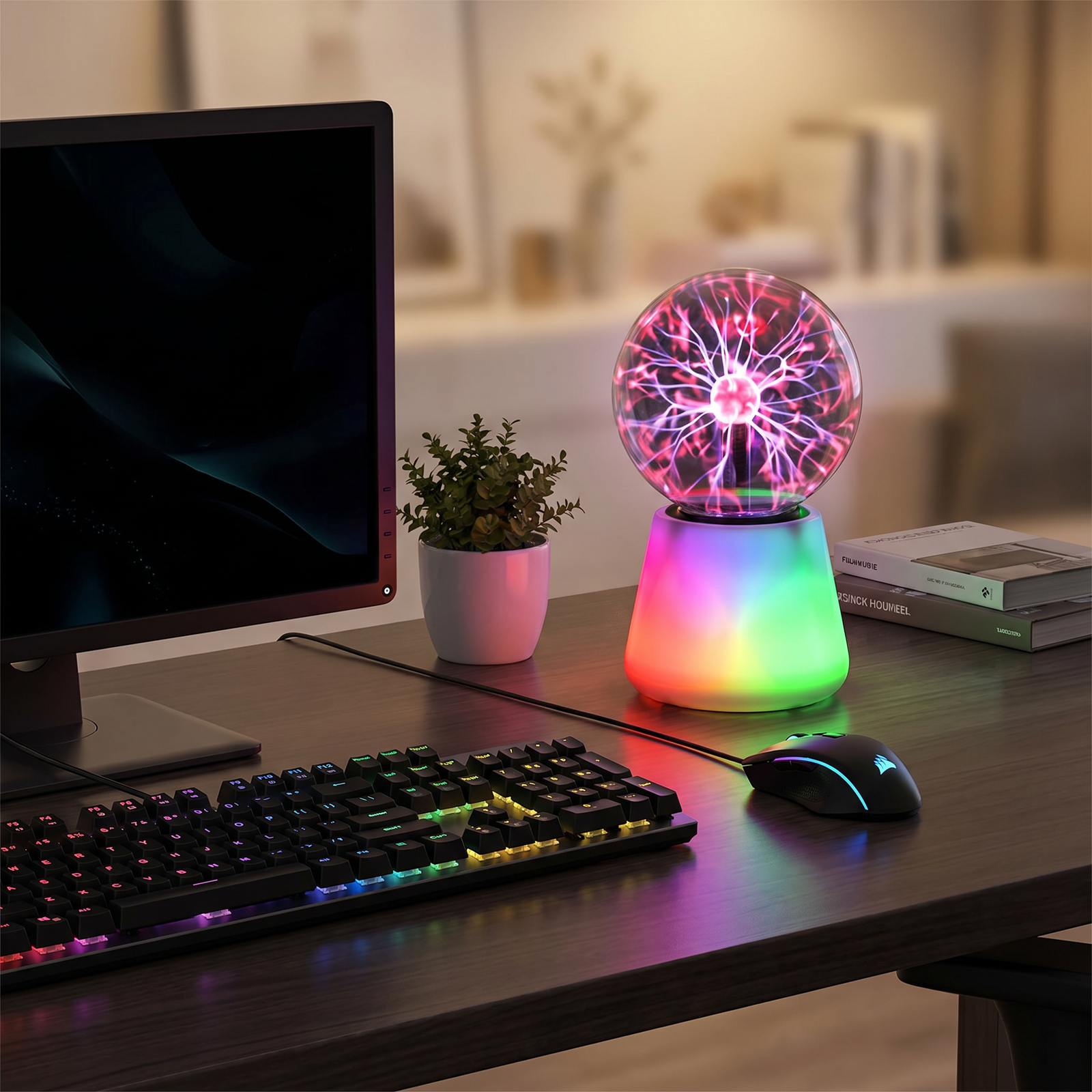 Lunaria Boule Plasma Tactile 7 Couleurs USB - boule plasma en situation dans une chambre - ambiance énergie électrique