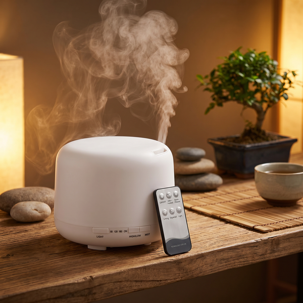 Lunaria Diffuseur Aroma Premium 5-en-1 7 Couleurs - diffuseur aromathérapie LED en situation dans une chambre - ambiance spa