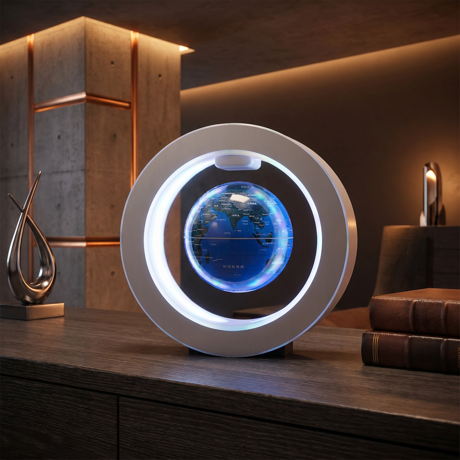 Lunaria Globe Lévitation Carte du Monde LED - globe lévitation magnétique en situation dans une chambre - ambiance lévitation