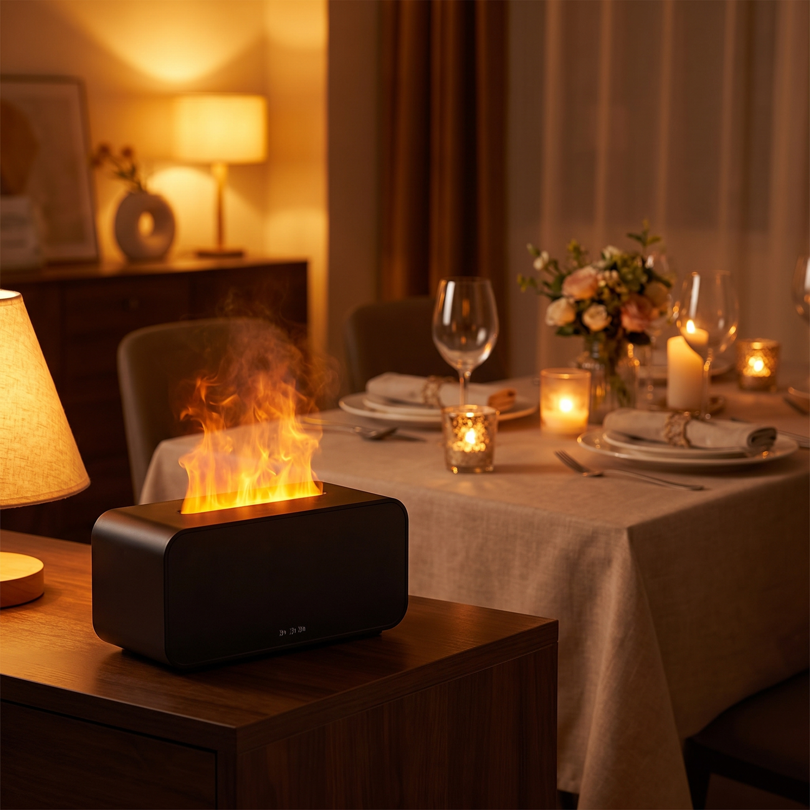 Lunaria Diffuseur Aroma 3D Effet Flamme - diffuseur aromathérapie LED en situation dans une chambre - ambiance spa