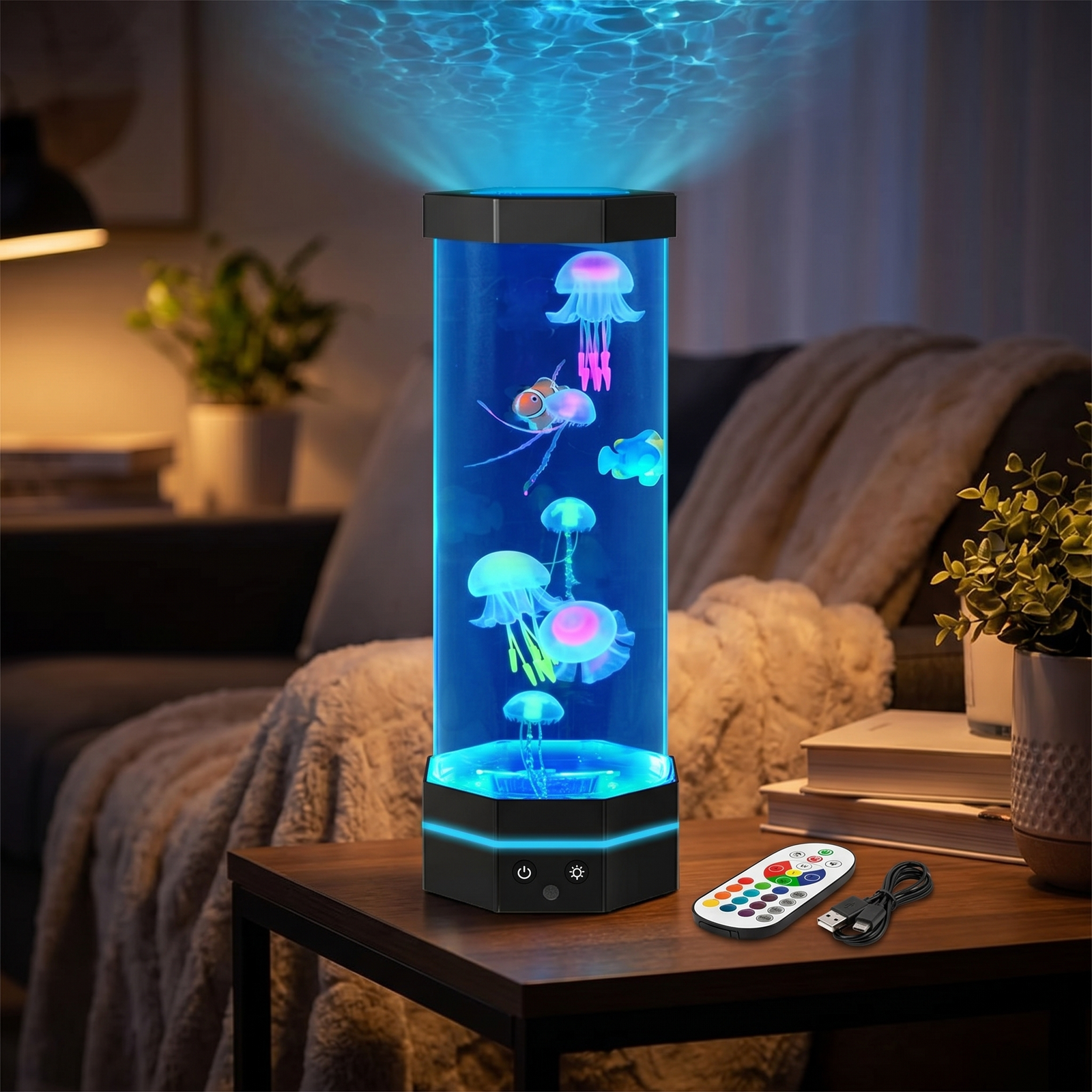 Lunaria Lampe Méduse Premium 15" 17 Couleurs - lampe méduse aquarium en situation dans une chambre - ambiance océan profond