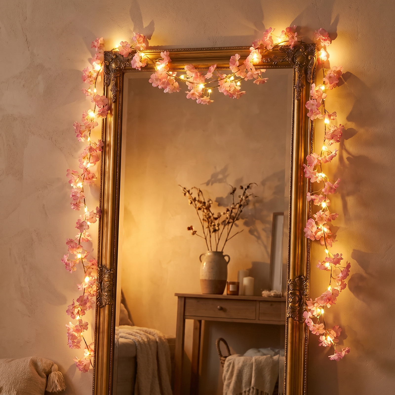 Lunaria Guirlande Cerisier LED Romantique - guirlande lumineuse LED en situation dans une chambre - ambiance féerique