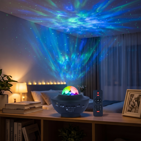 Lunaria Projecteur Galaxie LED Multicolore Télécommande - projecteur galaxie LED en situation dans une chambre - ambiance cosmos immersif