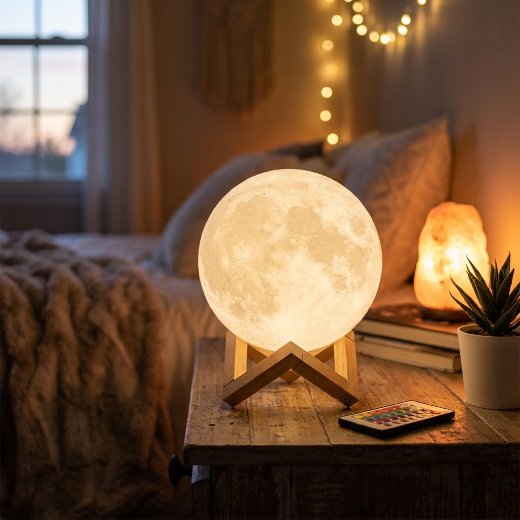 Lunaria Lampe Lune 3D Rechargeable 16 Couleurs Tactile - lampe lune LED en situation dans une chambre - ambiance clair de lune apaise