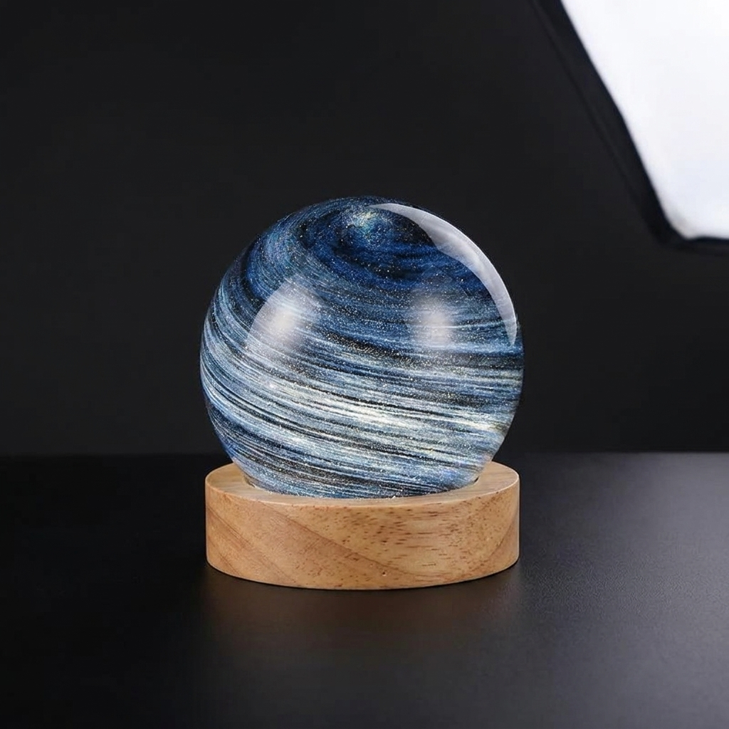 Lunaria Mini Lampe Lune Verre Socle Bois - lampe lune LED - socle bois