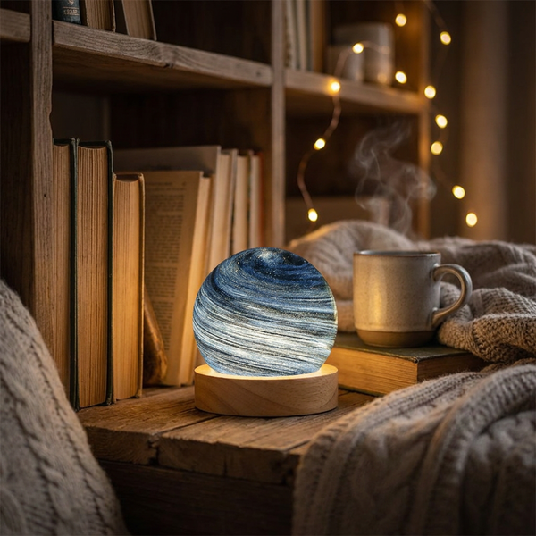 Lunaria Mini Lampe Lune Verre Socle Bois - lampe lune LED en situation dans une chambre - ambiance clair de lune apaise